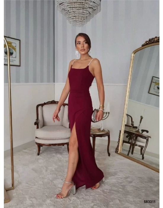 Kadın Omuz Askılı Derin Yırtmaç Detay Maxi Boy Elbise