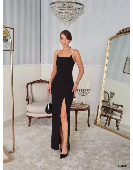 Kadın Omuz Askılı Derin Yırtmaç Detay Maxi Boy Elbise