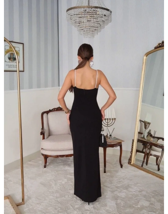 Kadın Omuz Askılı Derin Yırtmaç Detay Maxi Boy Elbise