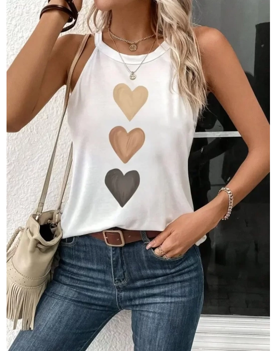 Kadın Omuzlardan Açık Boyundan Askılı Kalp Baskılı Viskon Bluz