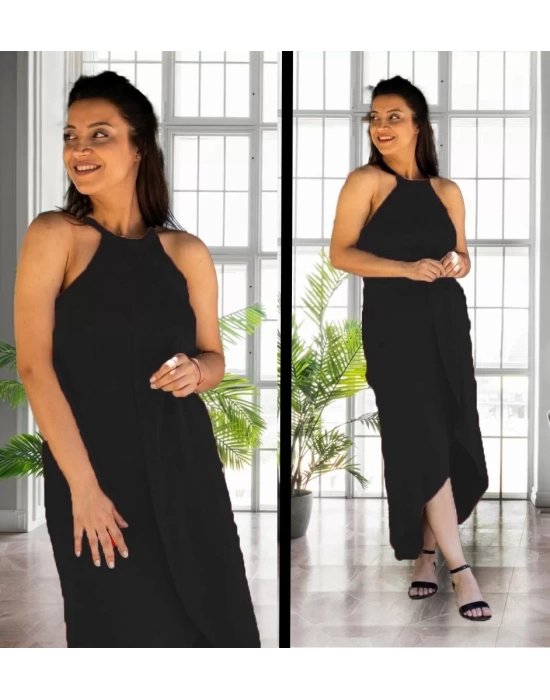 Kadın Omuzlardan Açık Boyundan Geçmeli Asimetrik Kesim Detaylı Viskon Elbise