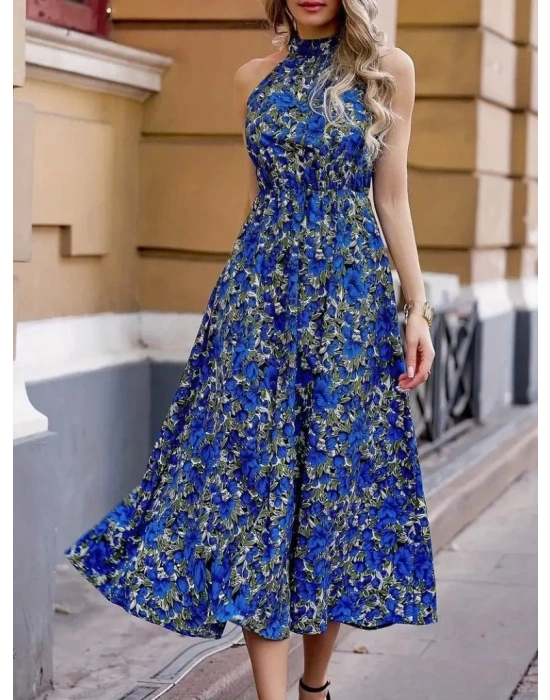 Kadın Omuzlardan Açık Daire Yaka Desenli Maxi Süprem Elbise