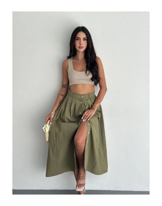 bysoca Kadın Yeşil Yüksek Bel Önden Düğmeli Kloş Kesim Midi Boy Oversize Poplin Etek