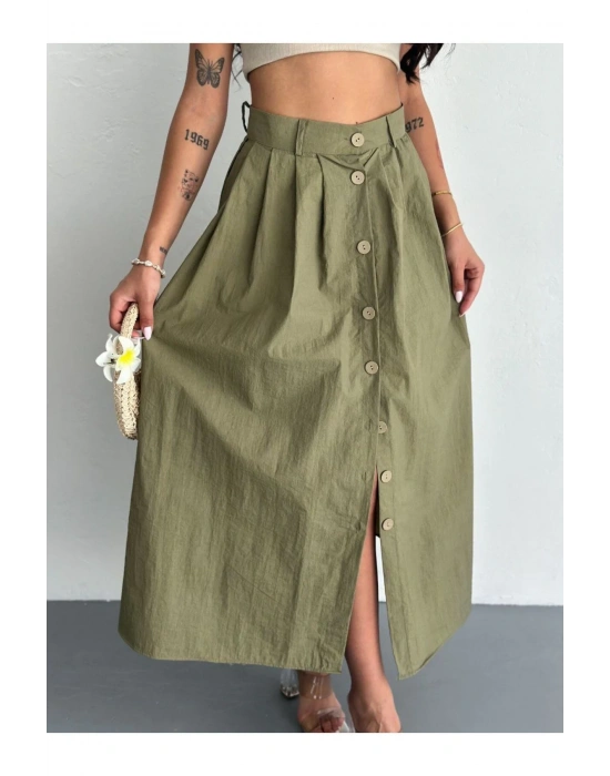 bysoca Kadın Yeşil Yüksek Bel Önden Düğmeli Kloş Kesim Midi Boy Oversize Poplin Etek