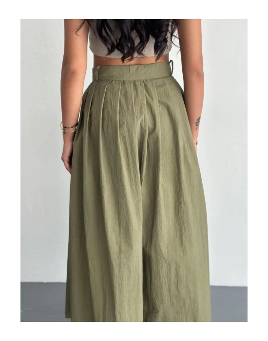 bysoca Kadın Yeşil Yüksek Bel Önden Düğmeli Kloş Kesim Midi Boy Oversize Poplin Etek