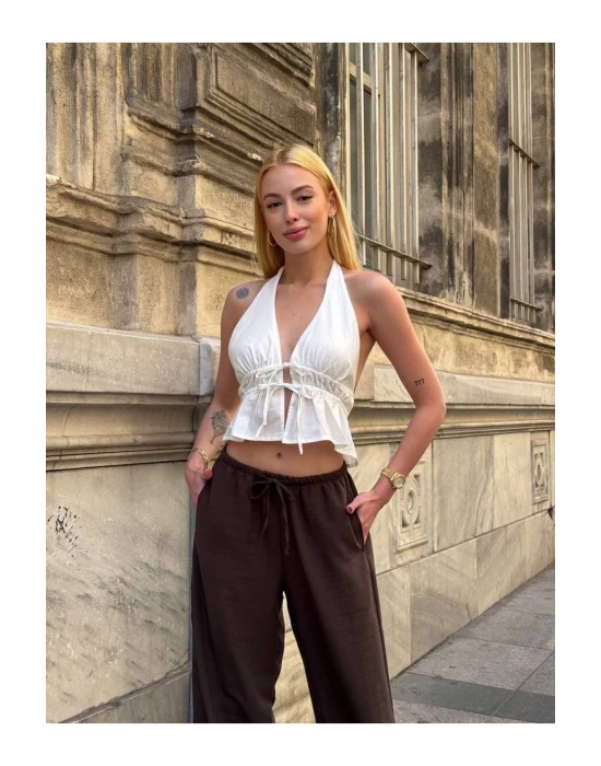 bysoca Kadın Beyaz Halter Yaka Sırtı ve Önü Bağlamalı V Yaka Dekolteli Fırfırlı Keten Crop Bluz