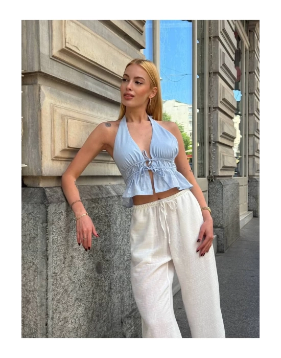 bysoca Kadın Mavi Halter Yaka Sırtı Önü Bağlamalı Derin V Yaka Dekolteli Fırfırlı Keten Crop Bluz