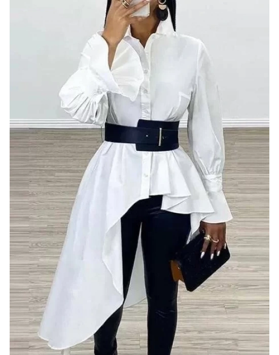 Kadın Pamuk Polyester Kumaş, Asimetrik Kesim Gömlek (Kemer Dahil)