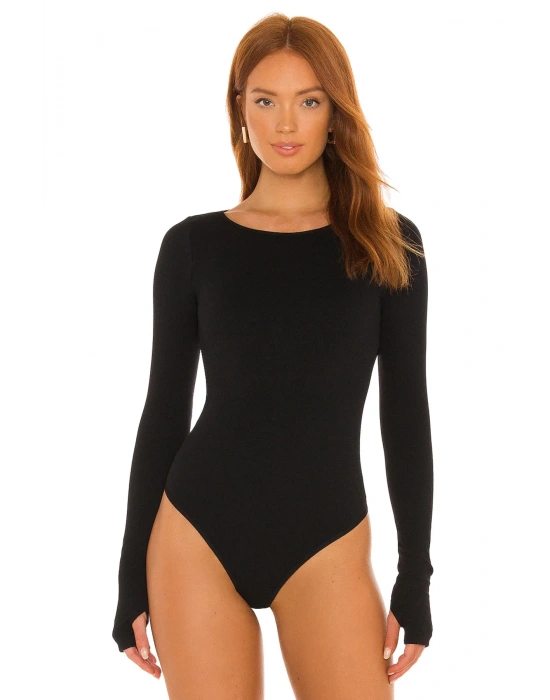bysoca Kadın Siyah Kayık Yaka Uzun Kollu Parmak Geçmeli Sırtı Dekolteli İpek Jarse Bodysuit
