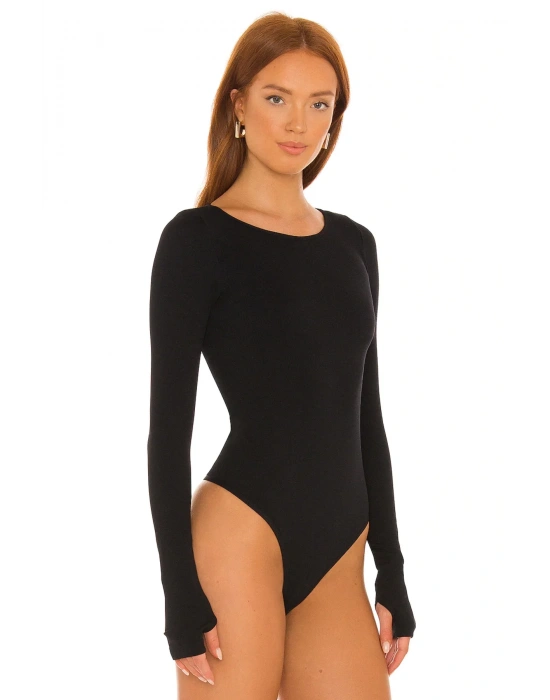 bysoca Kadın Siyah Kayık Yaka Uzun Kollu Parmak Geçmeli Sırtı Dekolteli İpek Jarse Bodysuit