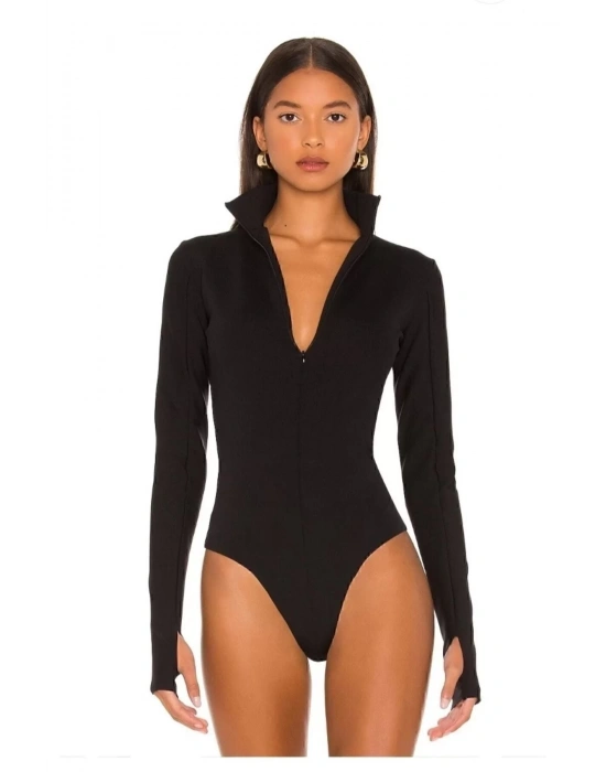 bysoca Kadın Siyah Fermuar Detaylı Balıkçı Yaka Uzun Kollu Parmak Geçmeli İpek Jarse Bodysuit