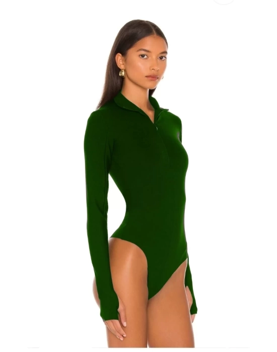 bysoca Kadın Yeşil Fermuar Detaylı Balıkçı Yaka Uzun Kollu Parmak Geçmeli İpek Jarse Bodysuit