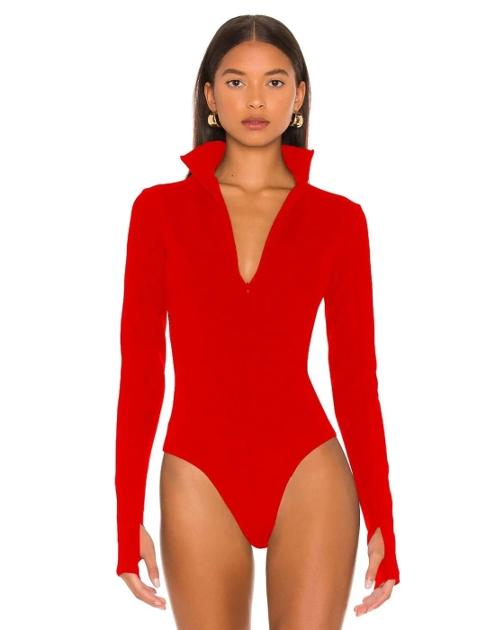 bysoca Kadın Kırmızı Fermuar Detaylı Balıkçı Yaka Uzun Kollu Parmak Geçmeli İpek Jarse Bodysuit