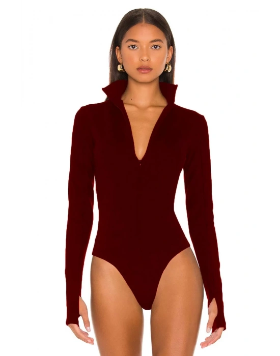 bysoca Kadın Bordo Fermuar Detaylı Balıkçı Yaka Uzun Kollu Parmak Geçmeli İpek Jarse Bodysuit