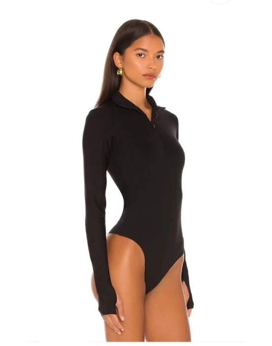 bysoca Kadın Siyah Fermuar Detaylı Balıkçı Yaka Uzun Kollu Parmak Geçmeli İpek Jarse Bodysuit