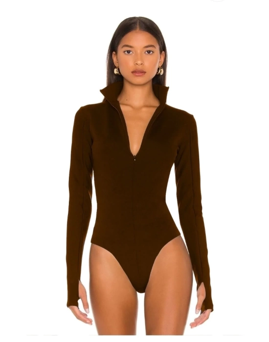 bysoca Kadın Kahverengi Fermuar Detaylı Balıkçı Yaka Uzun Kollu Parmak Geçmeli İpek Jarse Bodysuit