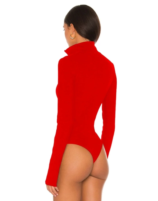bysoca Kadın Kırmızı Fermuar Detaylı Balıkçı Yaka Uzun Kollu Parmak Geçmeli İpek Jarse Bodysuit