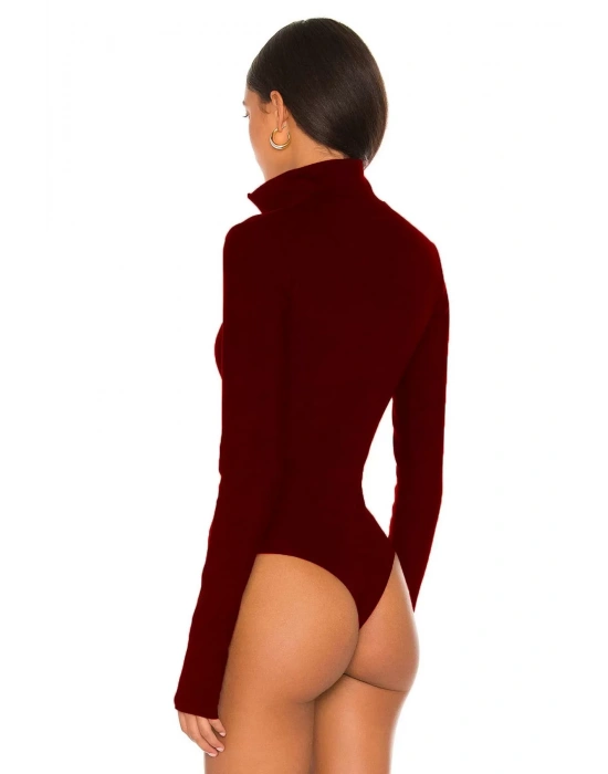 bysoca Kadın Bordo Fermuar Detaylı Balıkçı Yaka Uzun Kollu Parmak Geçmeli İpek Jarse Bodysuit