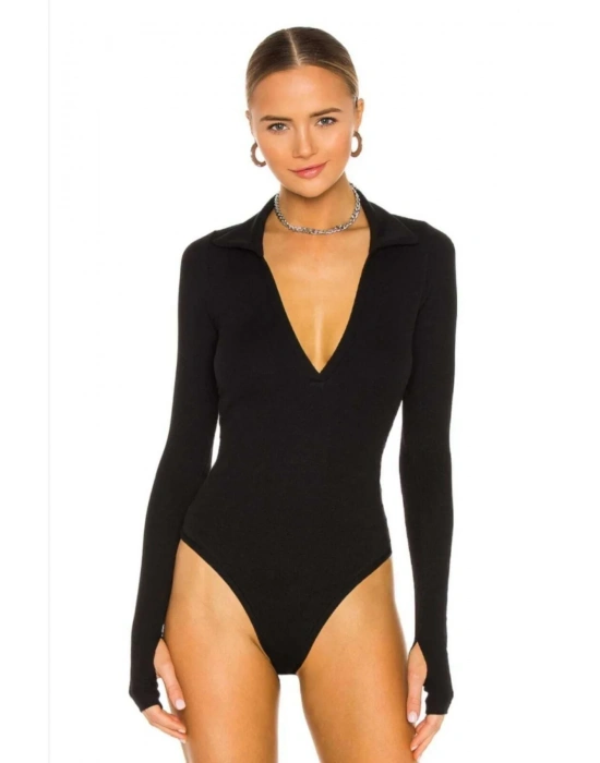 Kadın Parmak Geçmeli Polo Yaka Roma Ipek Jarse Bodysuit