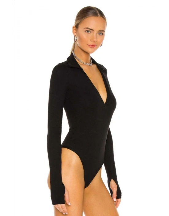 Kadın Parmak Geçmeli Polo Yaka Roma Ipek Jarse Bodysuit