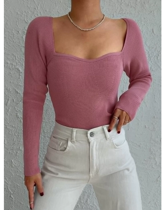Kadın Pembe Dekolteli Kare Yaka Triko Bluz