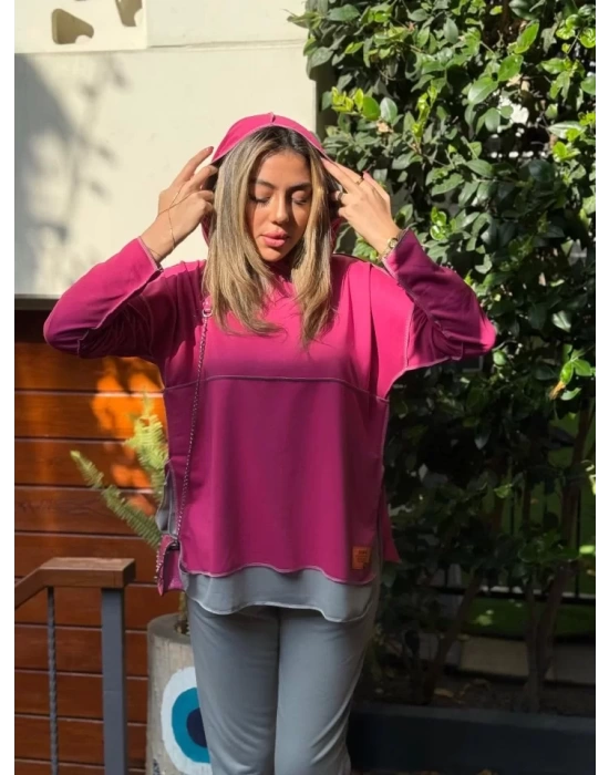 Kadın Pembe Kapşonlu Etek Ucu Detay Arma Ters Dikiş Gorunumlu Ikili Takım