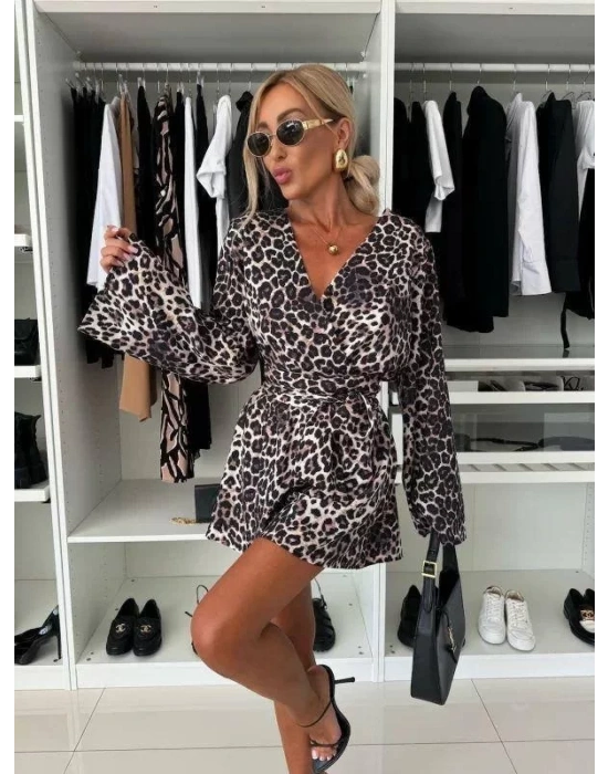 Kadın Salaş Kol Kruvaze Yaka Zebra Desen şort Tulum