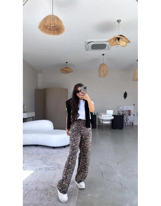 Kadın Saten Kumaş Leopar Desenli Pantolon