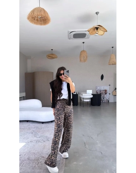 Kadın Saten Kumaş Leopar Desenli Pantolon