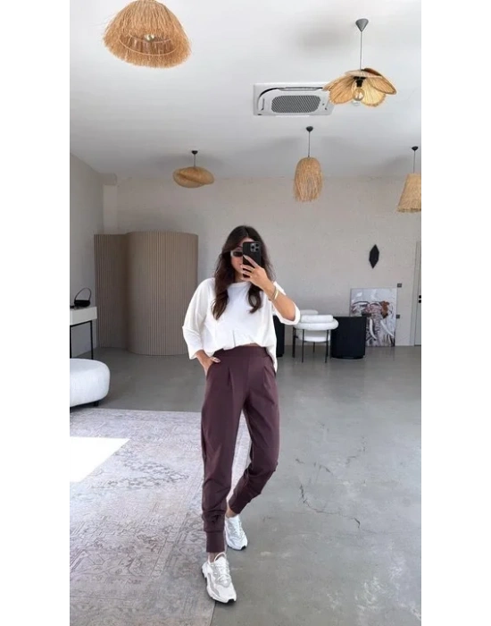 bysoca Kadın Scuba Modal Yüksek Bel Paça Manşet Önü Pileli Cepli Harem Jogger Pantolon - Kahverengi