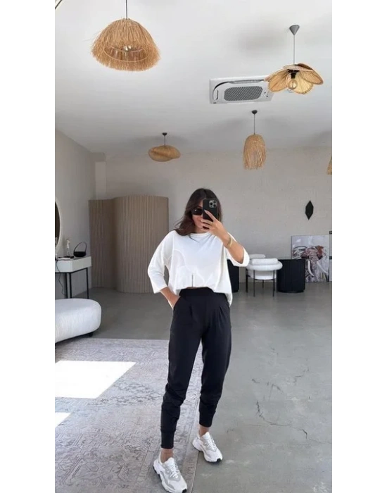 bysoca Kadın Scuba Modal Yüksek Bel Paça Manşet Önü Pileli Cepli Harem Jogger Pantolon - Siyah