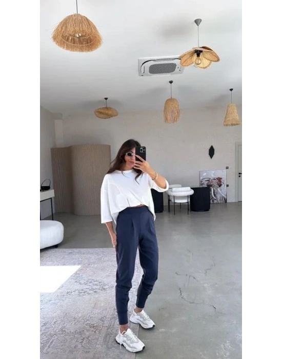 bysoca Kadın Scuba Modal Yüksek Bel Paça Manşet Önü Pileli Cepli Harem Jogger Pantolon - Lacivert