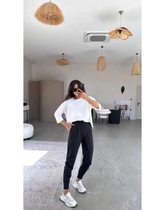 bysoca Kadın Scuba Modal Yüksek Bel Paça Manşet Önü Pileli Cepli Harem Jogger Pantolon - Siyah