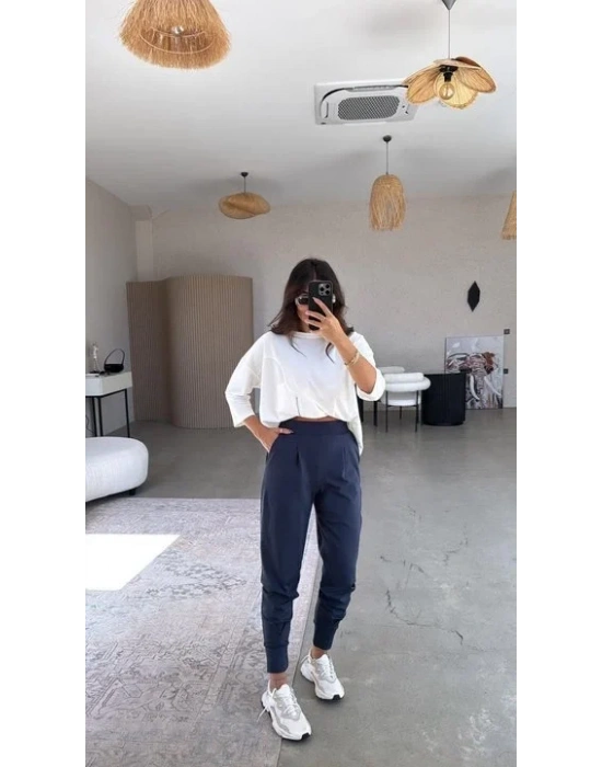 bysoca Kadın Scuba Modal Yüksek Bel Paça Manşet Önü Pileli Cepli Harem Jogger Pantolon - Lacivert
