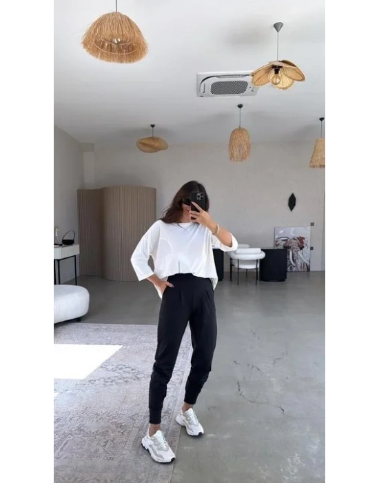 bysoca Kadın Scuba Modal Yüksek Bel Paça Manşet Önü Pileli Cepli Harem Jogger Pantolon - Siyah
