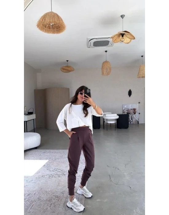bysoca Kadın Scuba Modal Yüksek Bel Paça Manşet Önü Pileli Cepli Harem Jogger Pantolon - Kahverengi