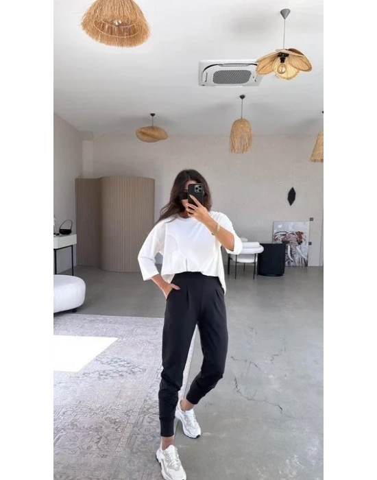 bysoca Kadın Scuba Modal Yüksek Bel Paça Manşet Önü Pileli Cepli Harem Jogger Pantolon - Siyah