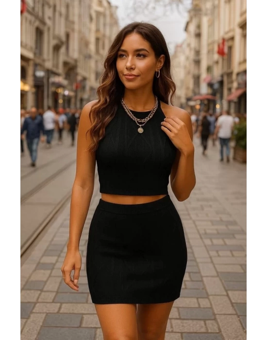 Kadın Sıfır Kol Crop Mini Etek Ikili Triko Takım
