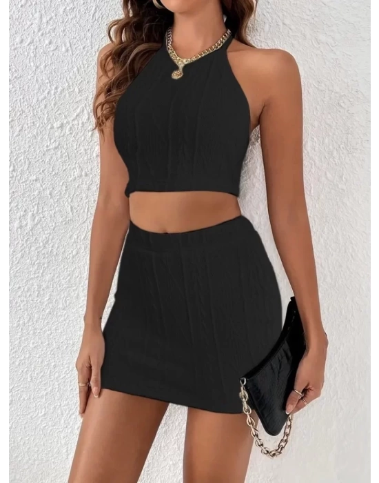 Kadın Sıfır Kol Crop Mini Etek Ikili Triko Takım