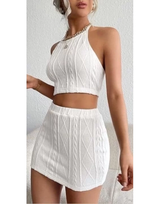 Kadın Sıfır Kol Crop Mini Etek Ikili Triko Takım