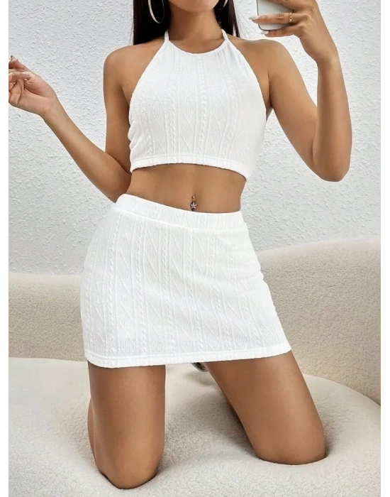 Kadın Sıfır Kol Crop Mini Etek Ikili Triko Takım