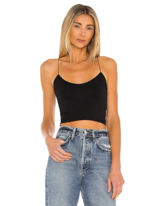 Kadın Sıfır Kol İp Askılı Çift Kat İpek Jarse Crop Top