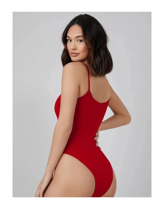 Kadın Sıfır Kol İp Askılı Kırmızı İpek Jarse Bodysuit