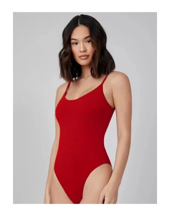 Kadın Sıfır Kol İp Askılı Kırmızı İpek Jarse Bodysuit
