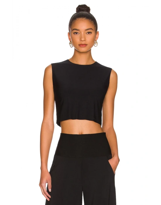 bysoca Kadın Siyah Bisiklet Yaka Sıfır Kol Dökümlü İpek Jarse Crop Top