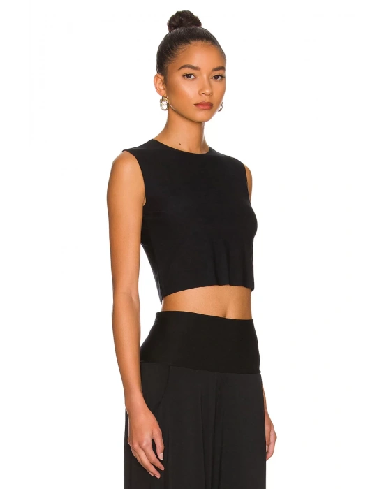 bysoca Kadın Siyah Bisiklet Yaka Sıfır Kol Dökümlü İpek Jarse Crop Top