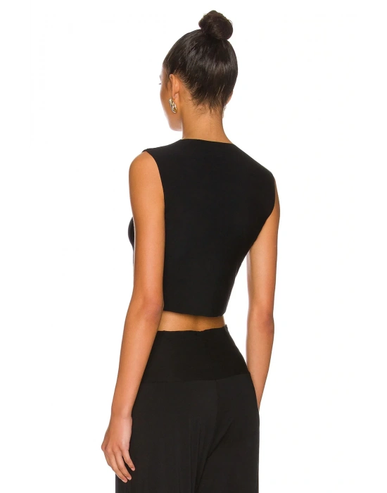 bysoca Kadın Siyah Bisiklet Yaka Sıfır Kol Dökümlü İpek Jarse Crop Top