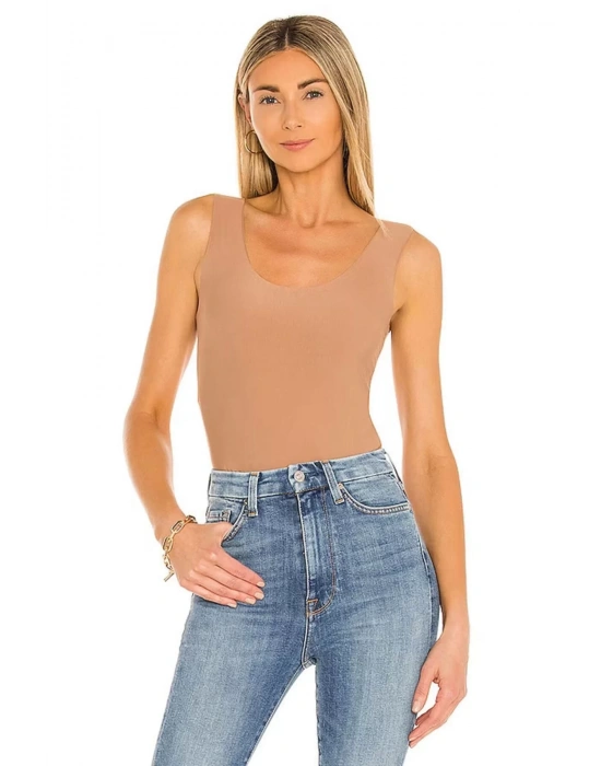 bysoca Kadın Bej Kalın Askılı U Yaka Vücudu Saran Jarse Basic Bodysuit