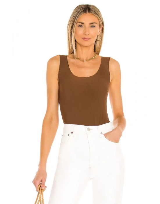 bysoca Kadın Kahverengi Kalın Askılı U Yaka Vücudu Saran Jarse Basic Bodysuit