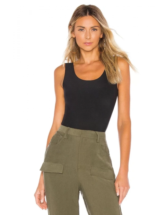 bysoca Kadın Siyah Kalın Askılı U Yaka Vücudu Saran Jarse Basic Bodysuit